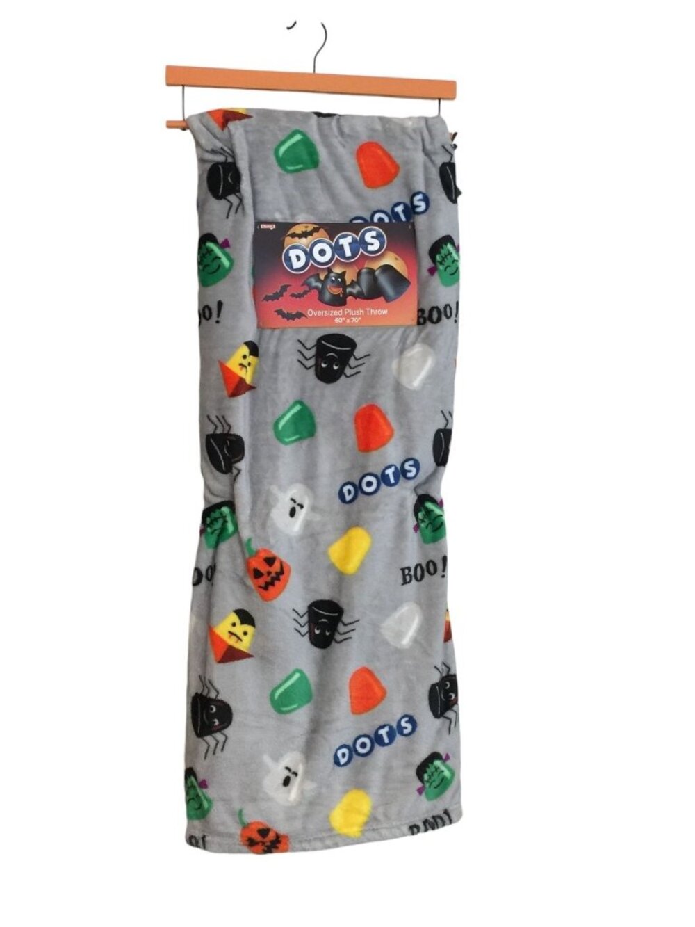 DOTS Halloween Oversized Throw 60" x 70" Gray Plush Frankenstein Spider Vampire